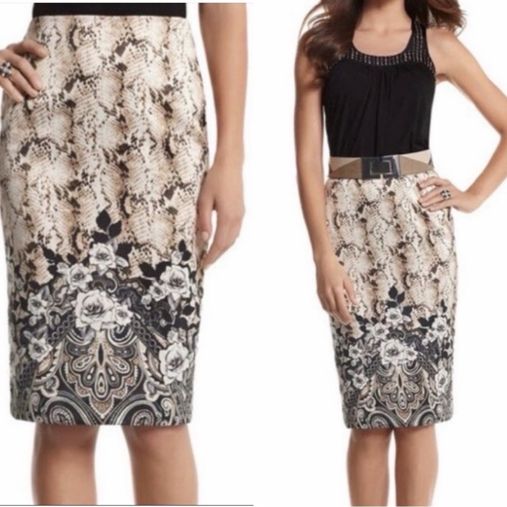 WHITE HOUSE BLACK MARKET Snake Rose Print Pencil Skirt Black Cream Sz 10